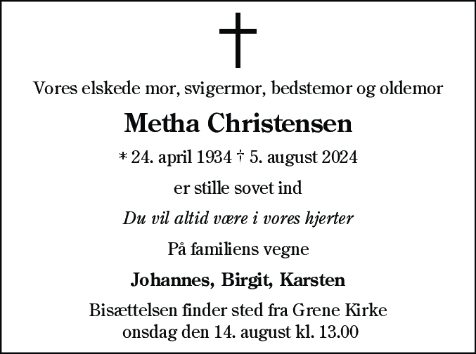 Dødsannonce for Metha Christensen