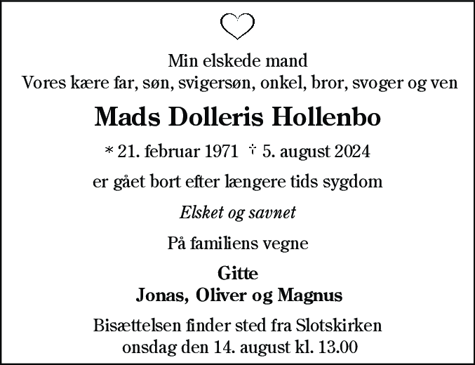 Dødsannonce for Mads Dolleris Hollenbo
