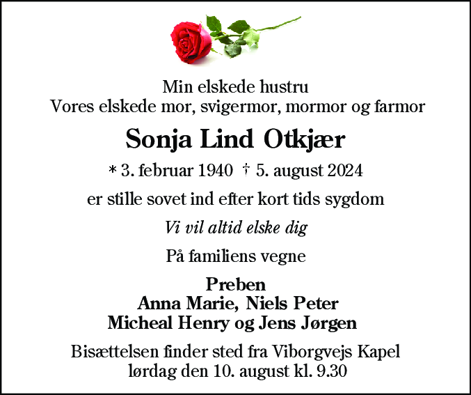 Dødsannonce for Sonja Lind Otkjær