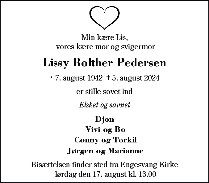 Dødsannonce for Lissy Bolther Pedersen