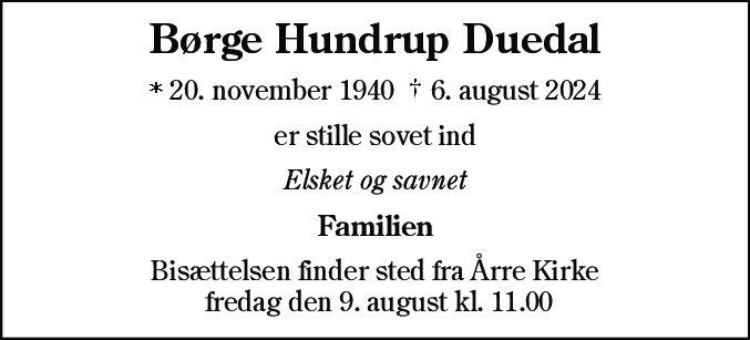 Dødsannonce for Børge Hundrup Duedal