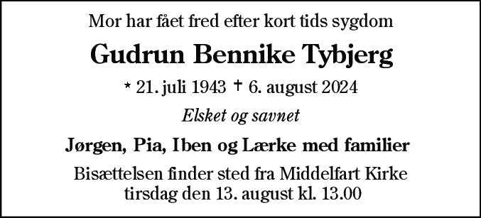 Dødsannonce for Gudrun Bennike Tybjerg