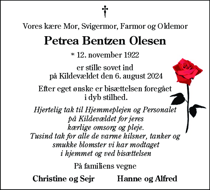 Dødsannonce for Petrea Bentzen Olesen