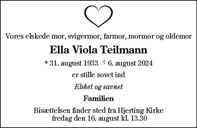 Dødsannonce for Ella Viola Teilmann