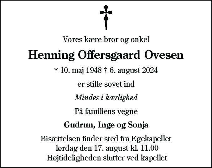 Dødsannonce for Henning Offersgaard Ovesen