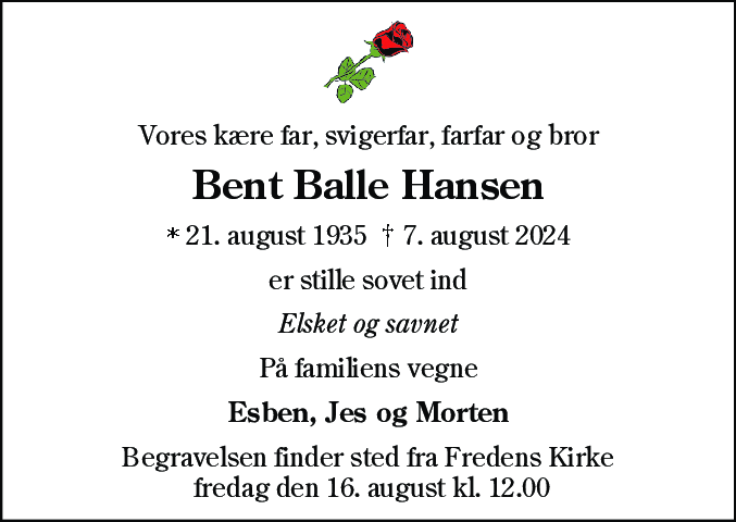 Dødsannonce for Bent Balle Hansen