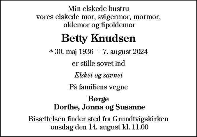 Dødsannonce for Betty Knudsen