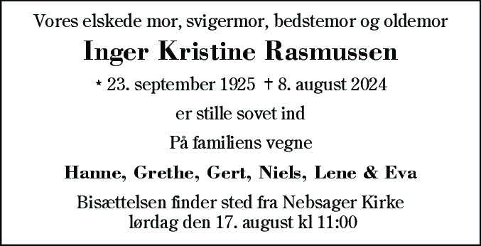 Dødsannonce for Inger Kristine Rasmussen