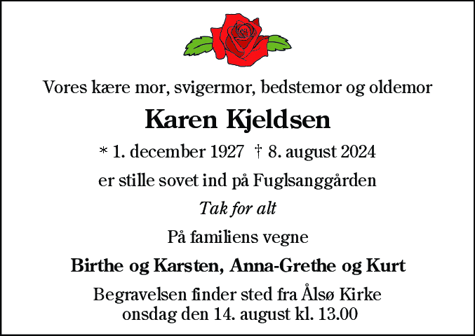 Dødsannonce for Karen Kjeldsen