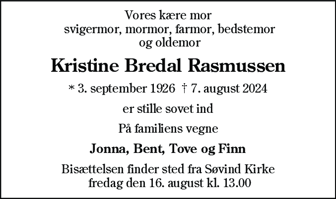Dødsannonce for Kristine Bredal Rasmussen