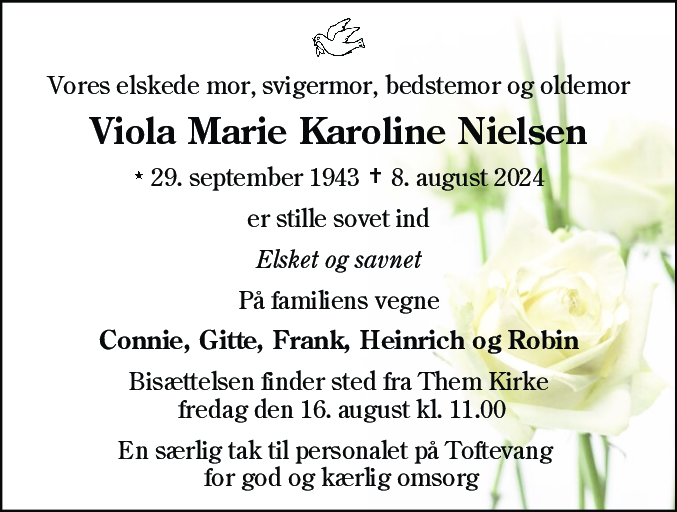 Dødsannonce for Viola Marie Karoline Nielsen