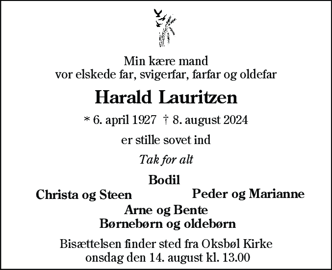 Dødsannonce for Harald Lauritzen