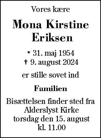 Dødsannonce for Mona Kirstine Eriksen