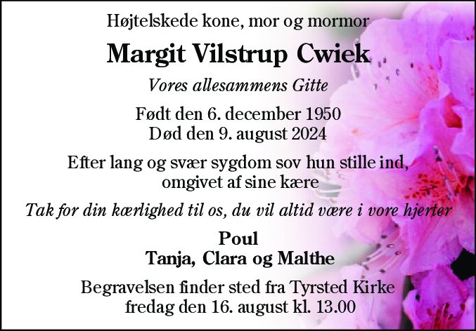 Dødsannonce for Margit Vilstrup Cwiek