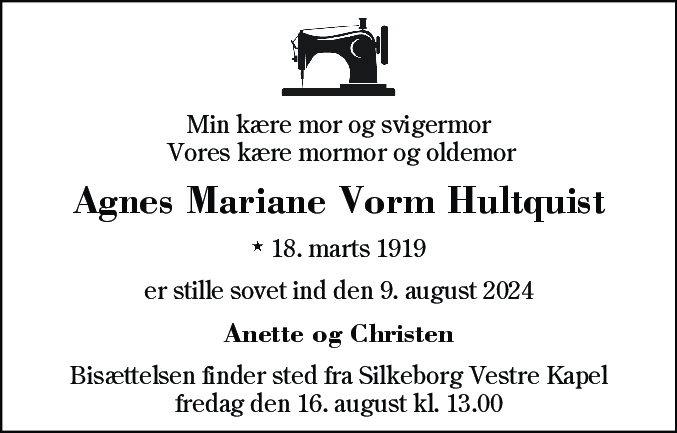 Dødsannonce for Agnes Mariane Vorm Hultquist