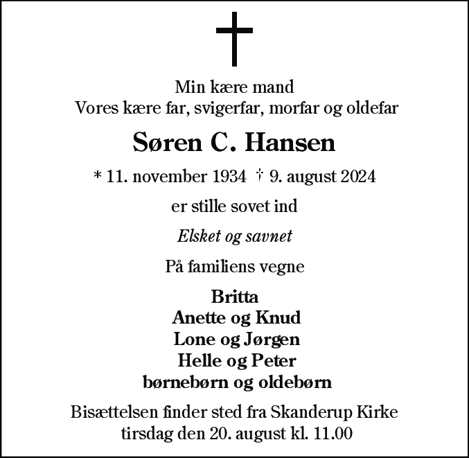 Dødsannonce for Søren Christian Hansen