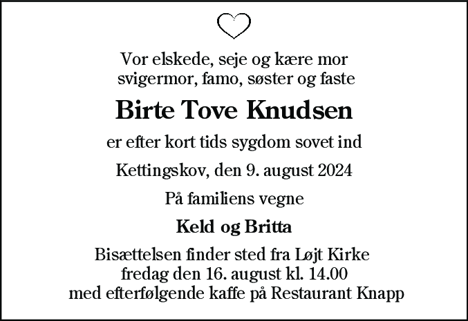 Dødsannonce for Birte Tove Knudsen