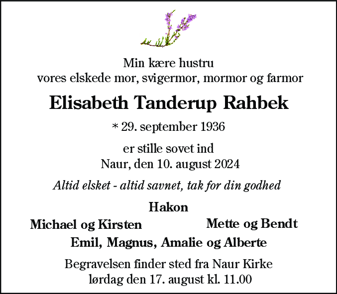 Dødsannonce for Elisabeth Tanderup Rahbek