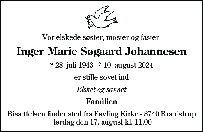 Dødsannonce for Inger Marie Søgaard Johannesen