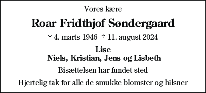 Dødsannonce for Roar Fridthjof Søndergaard