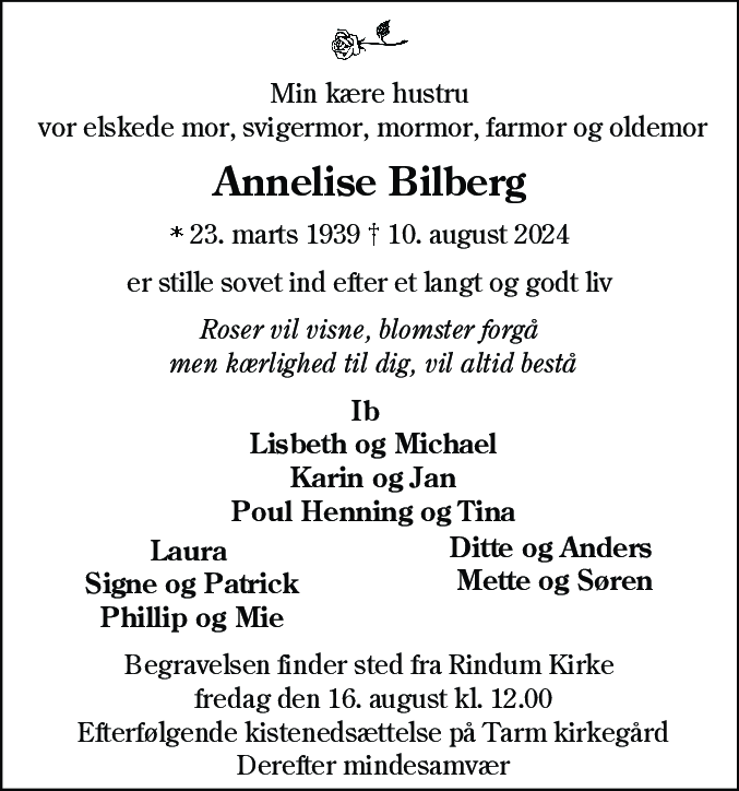 Dødsannonce for Annelise Bilberg