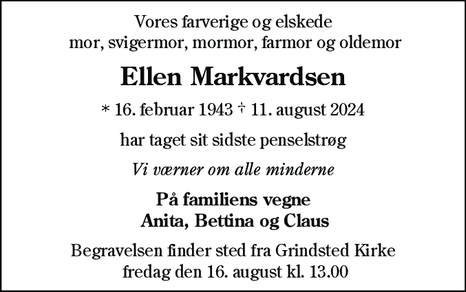 Dødsannonce for Ellen Markvardsen