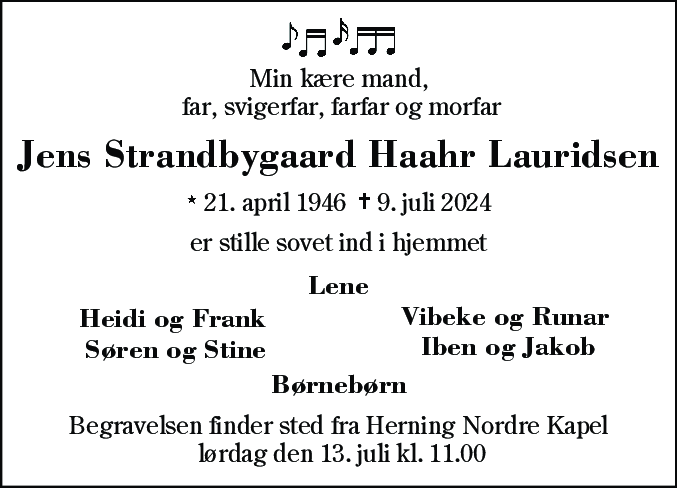 Dødsannonce for Jens Strandbygaard Haahr Lauridsen