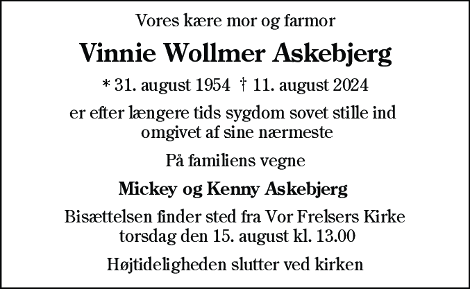 Dødsannonce for Vinnie Wollmer Askebjerg
