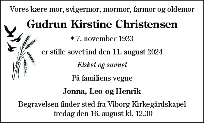 Dødsannonce for Gudrun Kirstine Christensen