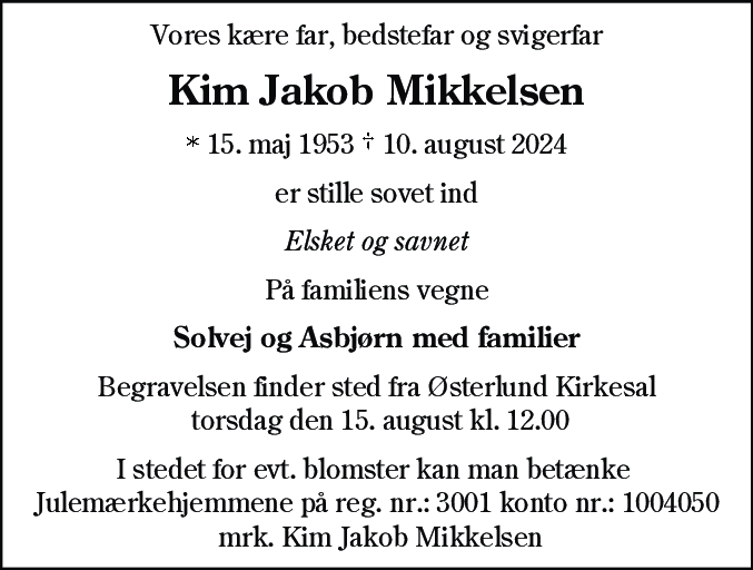 Dødsannonce for Kim Jakob Mikkelsen
