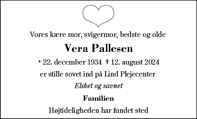 Dødsannonce for Vera Pallesen