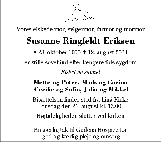 Dødsannonce for Susanne Eriksen