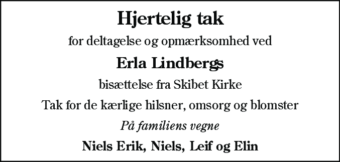 Dødsannonce for Erla Lindberg
