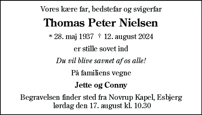 Dødsannonce for Thomas Peter Nielsen