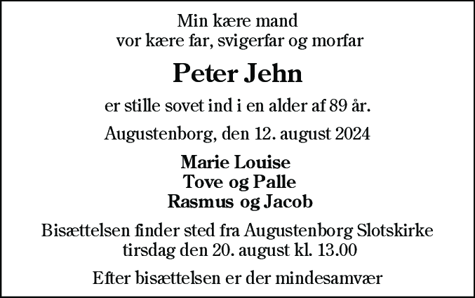 Dødsannonce for Peter Jehn