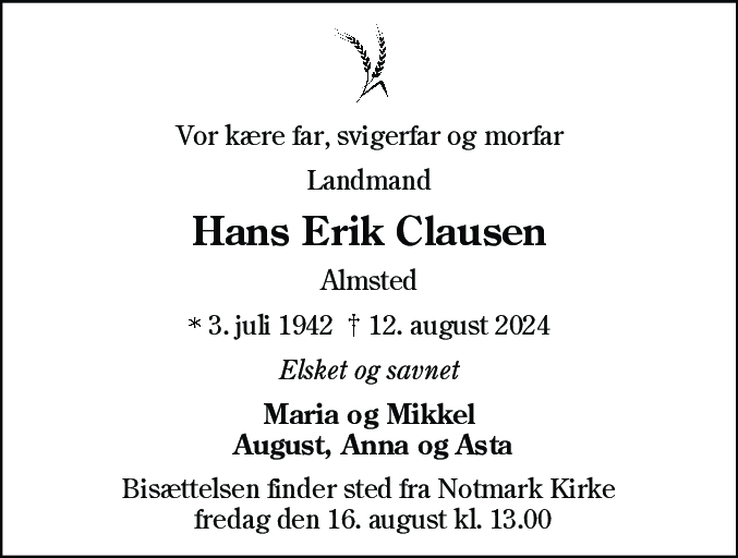 Dødsannonce for Hans Erik Clausen