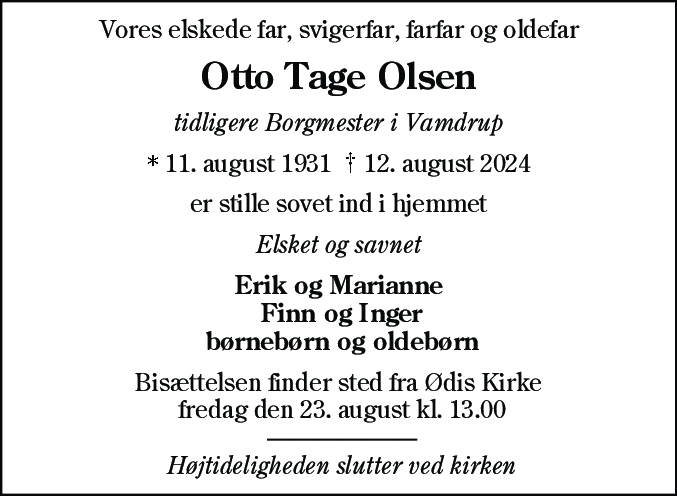 Dødsannonce for Otto Tage Olsen