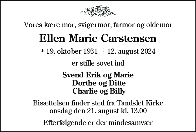 Dødsannonce for Ellen Marie Carstensen