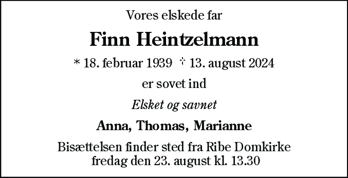 Dødsannonce for Finn Heintzelmann