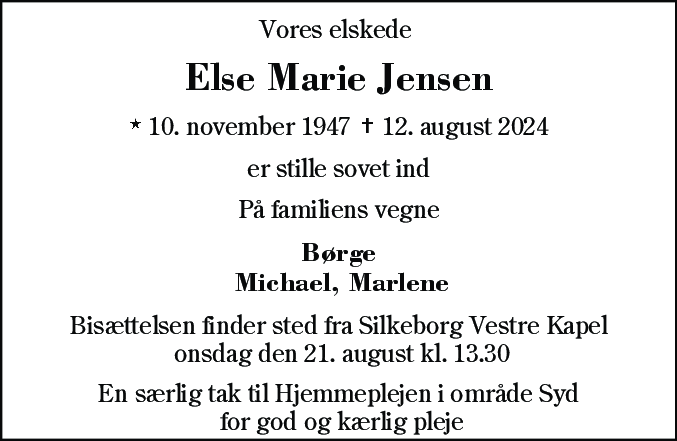 Dødsannonce for Else Marie Jensen