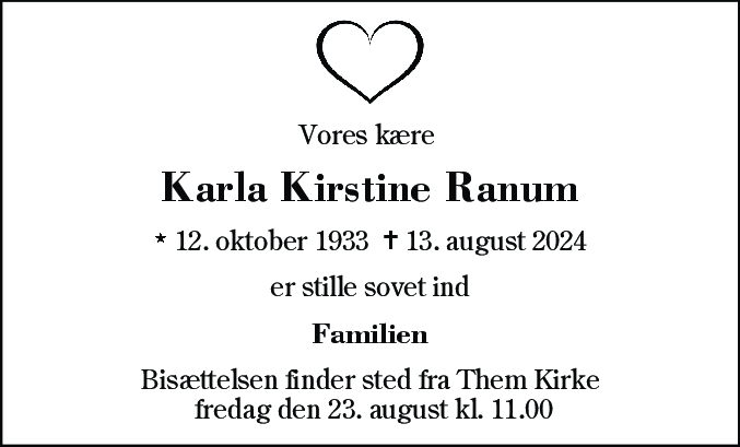 Dødsannonce for Karla Kirstine Ranum