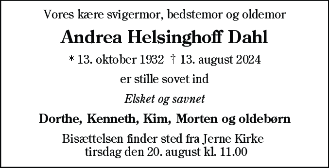 Dødsannonce for Andrea Helsinghoff Dahl