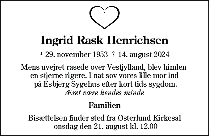 Dødsannonce for Ingrid Rask Henrichsen