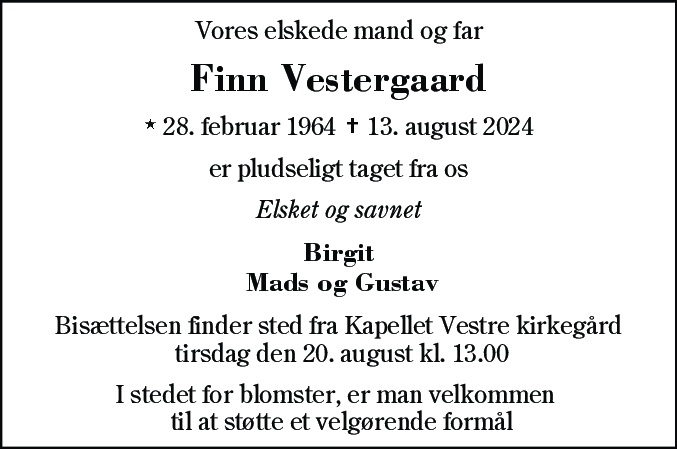 Dødsannonce for Finn Vestergaard