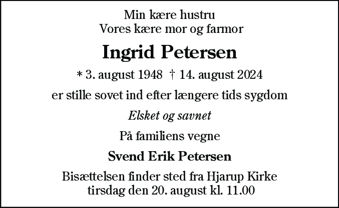 Dødsannonce for Ingrid Petersen