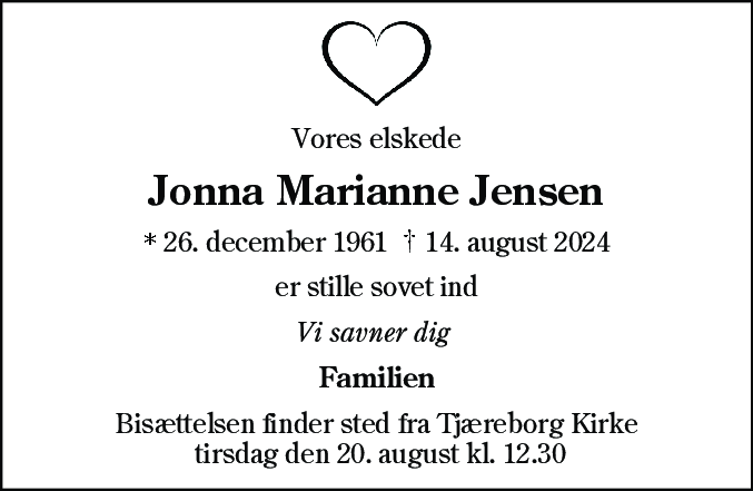 Dødsannonce for Jonna Marianne Jensen