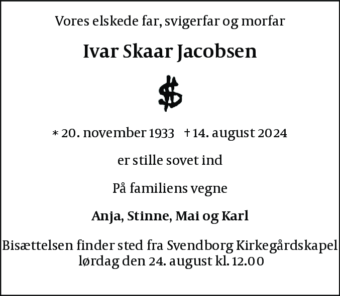 Dødsannonce for Ivar Skaar Jacobsen