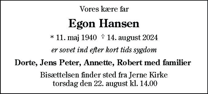 Dødsannonce for Egon Hansen