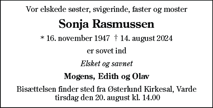 Dødsannonce for Sonja Rasmussen