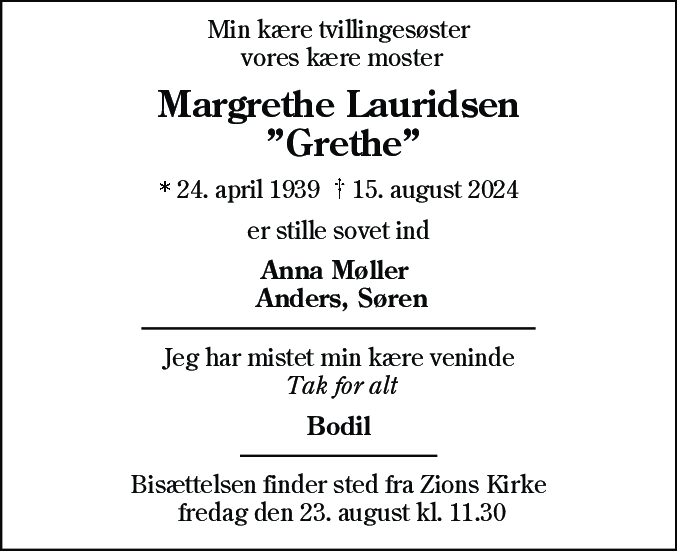 Dødsannonce for Margrethe Lauridsen